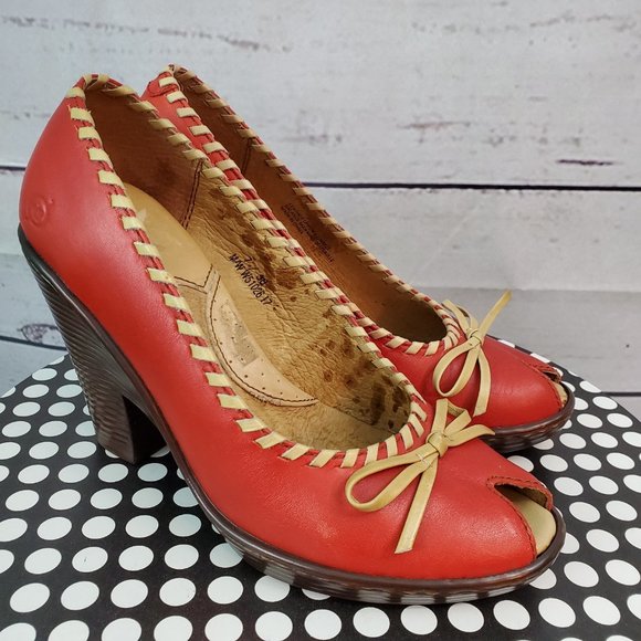 Born Shoes - Born Shoe Women 7 Red Peep Toe Heel Leather Pump